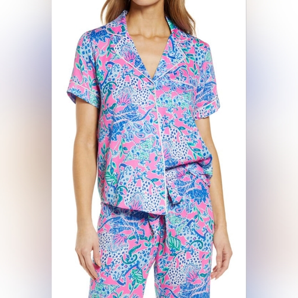 Lily Pulitzer Pajama Woven Short Sleeve Top Untamed Hearts Size S NEW - Picture 6 of 9